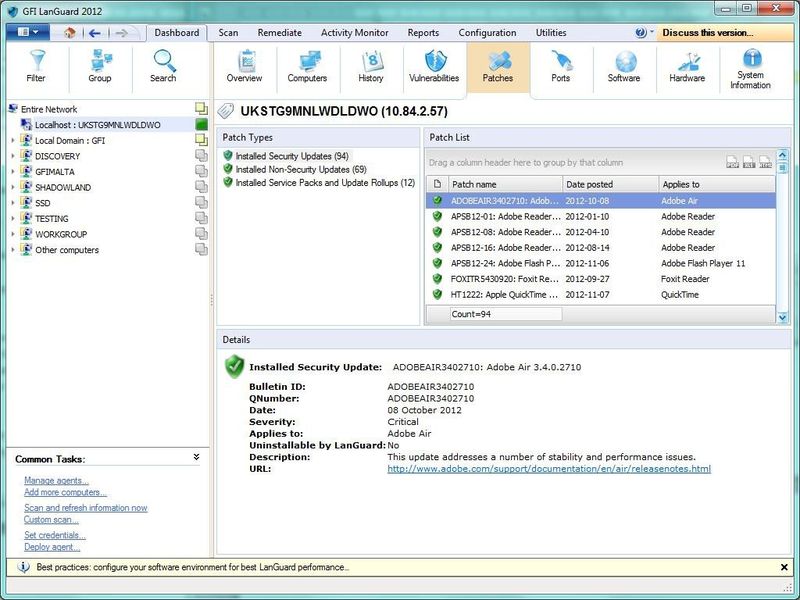 In der Konsole unter „Dashboard“ und „Patches“ erhalten Anwender eine Liste mit den Patches, die auf einem Computer oder einer Gruppe von Computern installiert sind. Diese Liste enthält die installierten Service Packs sowie die installierten sicherheitsrelevanten und nicht sicherheitsrelevanten Updates. (Bild: GFI Software)