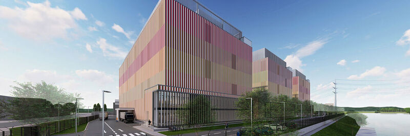 Blick auf die geplante Fassadengestaltung (Nordost) des Datacenter von der neu gegründeten Green Mountain KMW Data Center GmbH. 