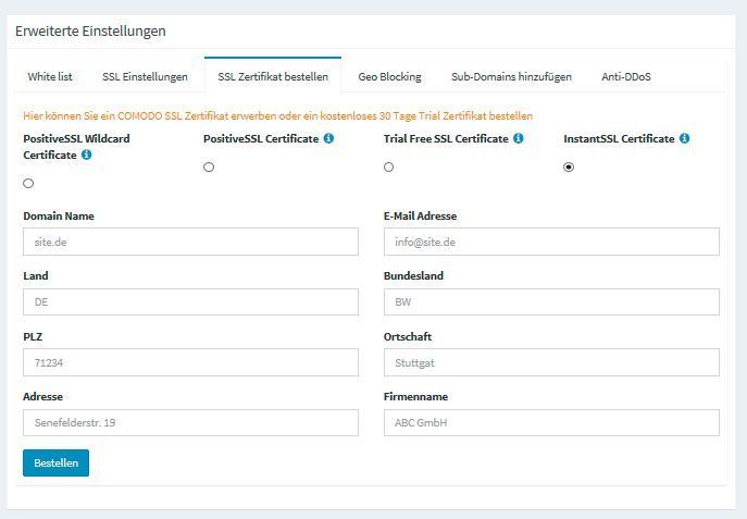 Detailansicht, wenn man für den Test ein Trial-Zertifikat via COMODO bestellen möchte.  (R. Dombach)