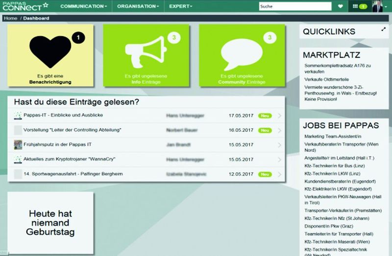 Das Pappas Connect Dashboard vernetzt die Mitarbeiter, ... (Pappas)