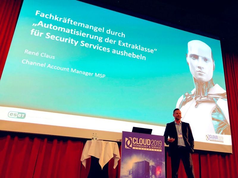 René Claus von ESET zeigte auf der CLOUD 2019, wie MSPs mit automatisierten Security-Lösungen dem Fachkräftemangel begegnen können. (Vogel IT-Medien)