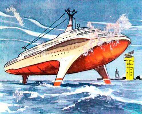 Schiffe auf drei Beinen: Tragflächenboote für Atlantikdienst –  
Mit der Durchschnittsgeschwindigkeit eines D-Zuges gleitet das Leichtmetallschiff auf drei Beinen in die Elbemündung. Die Schiffsaufbauten sind durch eine zweistöckige Galerie breiter Fenster geschlossen. Von hier aus zieht das Panorama der Küstenlandschaft wie ein Breitwandfilm an den Passagieren vorüber. Hinter dem Radar- und Signalmast liegt das Freiluftdeck. Die stromlinienförmigen Stelzen könnten zu einem Unterwasser-Flugzeug gehören. Jeder der riesigen Füße trägt vorn einen Propeller, die Antriebskraft dieses modernsten Schiffstyps. Seitlich sind au jedem Fuß bewegliche Tragflächen angebaut, hinten ein Seitenruder. Wie der Pilot eines Flugzeuges kann die Schiffsführung Tiefen- und Höhenruder geben, um bei seitlichen Böen und starkem Wellengang das Schiff auf ebenem Kiel zu halten. Ein Schiff auf Beinen bietet noch einen Vorteil: es kann die Stelzen ausstrecken und den Schiffsrumpf bei gutem Wetter weit über die See heben. Die Geschwindigkeit wird dadurch erhöht. Der Erfinder des Dreibein-Schiffes, Ingenieur Wendel, hat ein Riesen-Tragflächenboot der Zukunft entworfen mit folgenden Ausmaßen: 85 Meter lang, 17 Meter breit, Tiefgang 13 Meter in Ruhe, 3 Meter in Fahrt. Dieses gigantische Schiff legt die Strecke Hamburg-Sydney in 11 Tagen zurück und wird die Entfernung Hamburg-Honolulu in 13 Tagen bewältigen.  (Die Welt von Morgen, Birkel-Sammelalbum, 1959 / retro-futurismus.de)