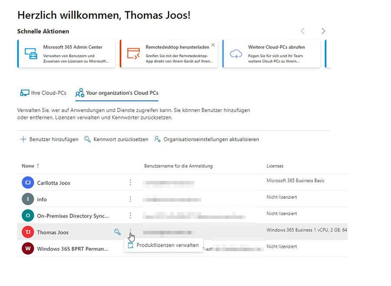 Im Verwaltungsportal von Windows 365 können Administratoren jetzt auch Verwaltungsaufgaben für alle Cloud-PCs der Organisation ausführen.  (Joos)