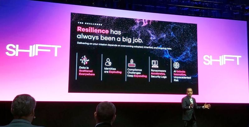 CEO Sanjay Mirchandani zeigt eine Übersicht über die wichtigsten Risiken. Erstmals ist auch Identität berücksichtigt. KI ist sowohl Innovationsmotor als auch ein wachsendes Risiko. (Bild: Commvault)