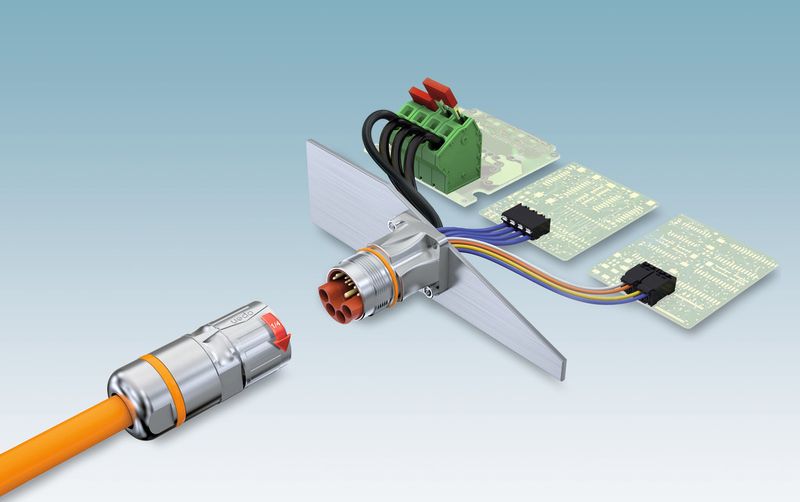 Abb. 2: Mehrere Funktionen vereinen: Der Steckverbinder M23 Hybrid überträgt Signale, Daten und Leistung gleichzeitig. (Bild: Phoenix Contact)