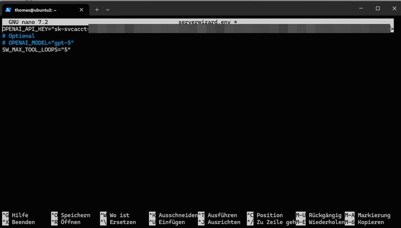 In der Datei serverwizard.env hinterlegt der Administrator den OpenAI-Schlüssel und optional das gewünschte Modell sowie die Grenze für die Tool-Aufrufe. (Bild: Joos - Canonical - BeforeSunrise)