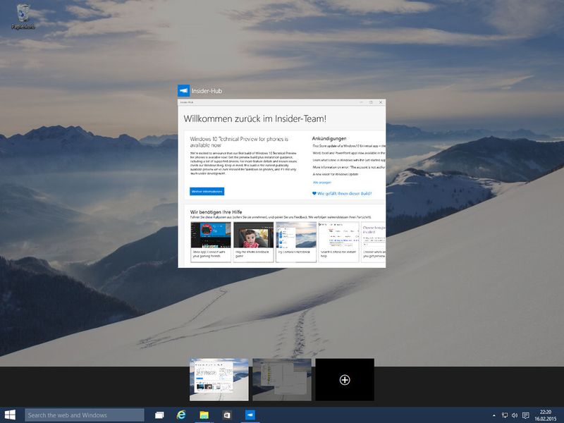 Neu bei Windows 10 sind die virtuellen Desktops. Eine Übersicht bekommt man mit der Schaltfläche, die in der Taskleiste neben dem Suchfeld liegt. Ein Klick auf das Feld mit dem Pluszeichen ruft einen neuen virtuellen Desktop auf. (Bild: IT-Business)
