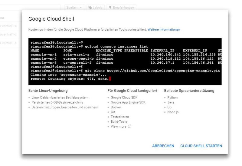 VMs in Google Cloud Computing lassen sich auch in der Shell verwalten. (Google)