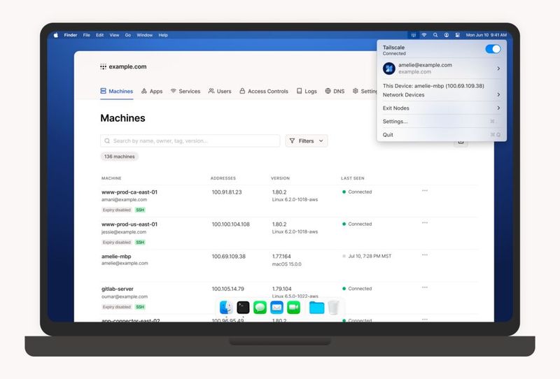 Tailscale auf macOS: Die macOS-Menüleisten-App bietet schnellen Zugriff auf Geräte, Exit Nodes und Einstellungen. (Bild: Tailscale)