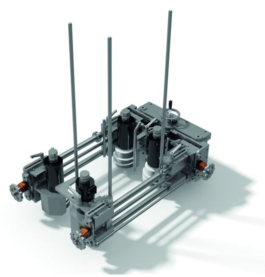 Vier Servomotoren von Groschopp in runder Ausführung mit Hohlwelle aus Edelstahl in flexibel anpassbarem Entstapler für eine Verpackungsmaschine.(Bild:  GROSCHOPP AG Drives & More)
