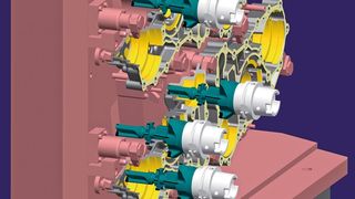 Bild 1: Ein PKD-Sonderwerkzeug für mehrere Operationen: Es kann an verschiedenen Stellen Nuten fräsen, aufbohren, reiben und planfräsen. Im Bild sind das Gussteil grau, die Bearbeitungsflächen gelb, das Werkzeug grün und die Vorrichtung rot dargestellt.  (Bild: ZF/Neher)