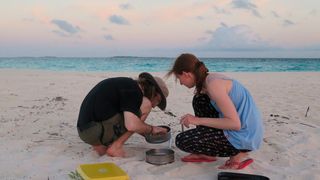 Am Strand der Insel Vavvaru sieben Bayreuther Studierende den Sand aus. Nur Partikel, die größer als ein Millimeter sind, werden später im Labor auf der Insel untersucht.  (Christian Laforsch)