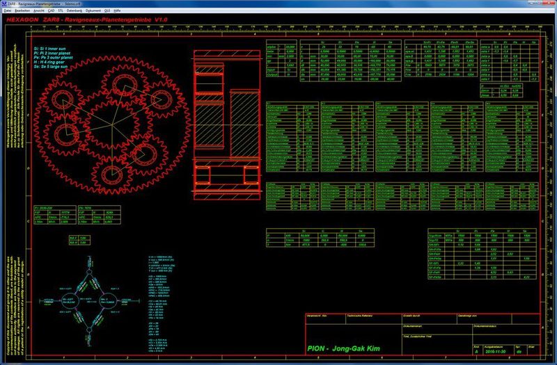 Die 4 Zahneingriffe der 5 Zahnräder der werden in einem Durchlauf berechnet, Abmessungen und Festigkeitsberechnung nach ISO 6336 für jedes Zahnradpaar. (Hexagon)