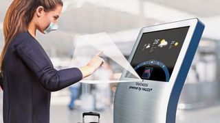 Berührungslose Eingabe: Dank eines optischen Verfahrens lassen sich Terminals nur mit Gesten bedienen. Auch erkennt das System eine sich nähernde Person. (Bild: Elmos Semiconductor)