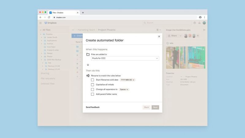Mit den neuen Funktionen lassen sich etwa Dateien in der Dropbox automatisch benennen. (Bild:  Dropbox)