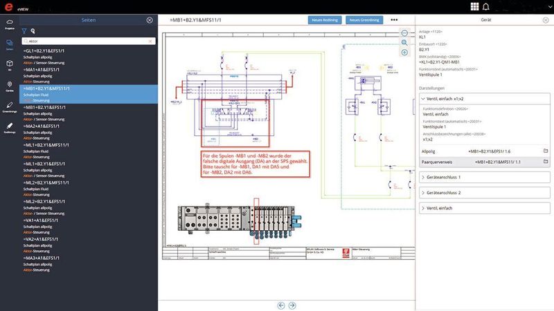 Eplan E-View ermöglicht einen durchgängigen Redlining-Workflow zwischen dem Engineering und nachgelagerten Prozessen wie Fertigung oder Instandhaltung. Projektdaten sind jederzeit in der Cloud verfügbar. (Eplan)