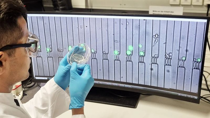 Erstautor Muhammad Zia Ullah Khan prüft eine Petrischale mit einer Zellfallensuspension. Die Fluoreszenz- und Hellfeldbilder von Zellen in Mikrokanälen auf dem Monitor bilden die Immunzell-Kommunikation ab.(Bild:  TUM)