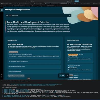 Der AI Studio Skill bindet die Entwicklung von Fusion Agentic Applications in eine VS-Code- und CLI-Umgebung mit Git-Anbindung ein. Im Vordergrund ein damit erstelltes Manager-Coaching-Dashboard. (Bild: Oracle)