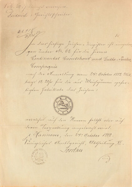 Anmeldung des Continental-Markenzeichens mit dem springenden Pferd für alle Produkte. Urkunde aus dem Jahr 1882. (Continental AG)