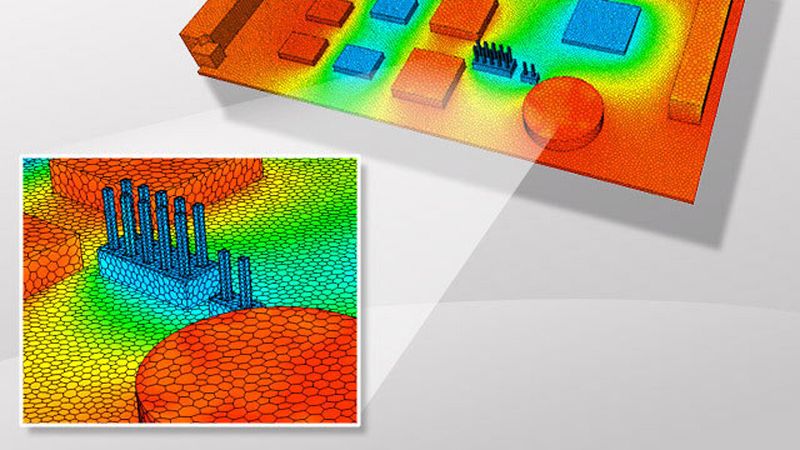 Simulationen und virtuelle Modelle revolutionieren die Produktentwicklung: Diese Simulation veranschaulicht die thermische Auslegung eines Elektronikbauteils, indem sie kritische Temperaturspitzen sichtbar macht und eine effiziente Gestaltung ermöglicht.(Bild:  Merkle CAE Solutions GmbH)
