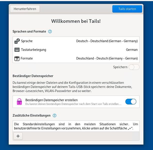 Tails lässt sich beim Starten anpassen. Bei der Einrichtung wird auch festgelegt, ob ein persistenter Speicher eingesetzt werden muss. (Bild: Joos)