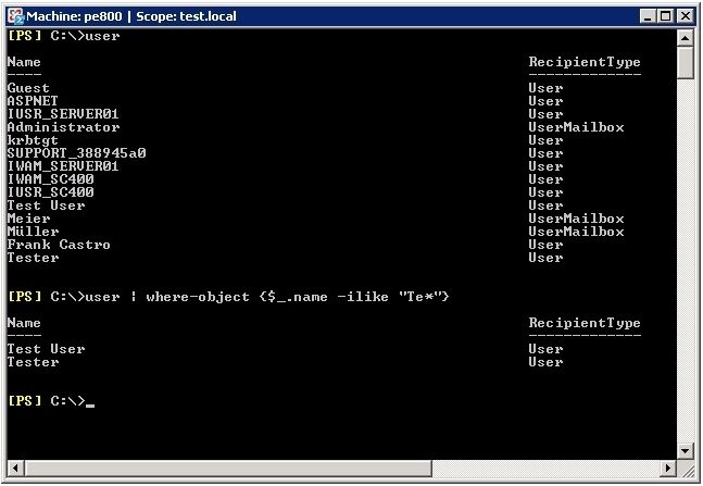 Abbildung 5:  Über where-objects können Eigenschaften, wie zum Beispiel Namen herausgefiltert werden. Zu erkennen ist auch, dass die herausgefilterten Benutzer noch kein Exchange Postfach besitzen (Archiv: Vogel Business Media)