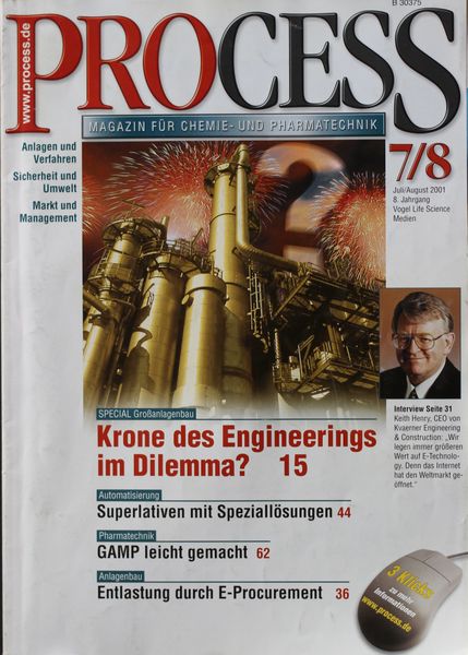 Juli/August 2001   Top Themen:  - Krone des Engineerings im Dilemma? - Superlativen mit Speziallösungen - GAMP leicht gemacht - Entlastung durch E-Procurement (Bild: PROCESS)
