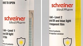 Ein zuverlässiger UV- und Lichtschutz für empfindliche Flüssigpräparate kann mit speziell angepassten Labels in drei Sicherheitsstufen (von links nach rechts) erreicht werden. (Schreiner Medipharm)