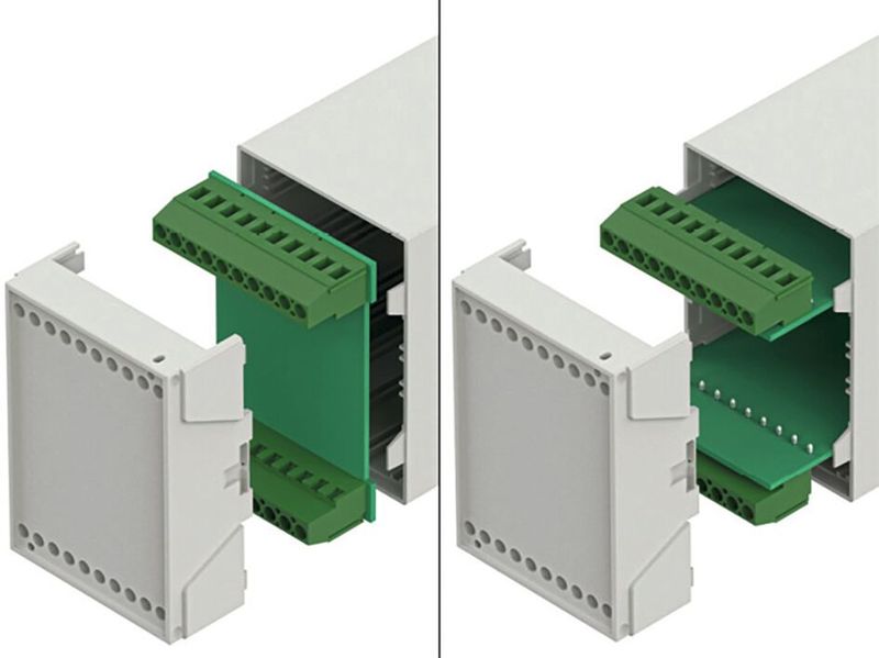 Speziell auf das Gehäuse abgestimmte Schraubklemmen unterstützen zwei verschiedene Einbausituationen für Leiterplatten: horizontal eingeschoben und parallel zur Gehäusefront montiert.  (Bild: Bopla )