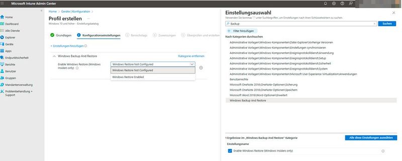 Im Einstellungskatalog von Intune aktiviert die Kategorie „Windows Backup And Restore“ die Einstellung „Enable Windows Restore“, die derzeit auf Insider-Builds beschränkt ist. (Bild: Joos | Microsoft)