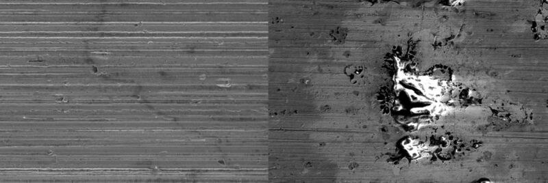 Auf der linken Seite des Bildes ist die intakte Lauffläche eines Lagers zu sehen. Die rechte Seite des Bildes zeigt künstlich erzeugte Schäden durch elektrische Entladungen in einer Lauffläche, das sogenannte Elektro-Pitting. (Bild: Bosch)