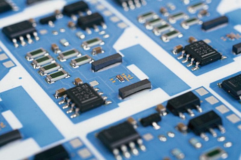 Bild 6: Eine mit SMD und COB bestückte Strom­sensor-Platine. Das AMR Sensorelement ist  zwischen den beiden quaderförmigen Stütz­magneten platziert (Bildmitte). (Bild: Sensitec)