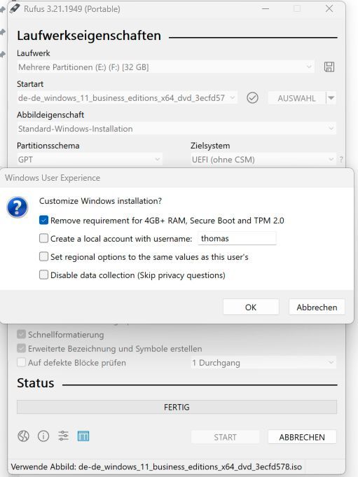 Aus ISO bootfähigen USBStick für Windows 11 ohne TPMPflicht anfertigen Bild 2 / 4