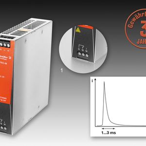 Das Kapazitätsmodul gibt im Fehlerfall einen Stromimpuls ab, wodurch LS-Sicherungsautomaten gezielt auslösen und damit den fehlerhaften 24-V-DC-Stromkreis freischalten. 
Detail 1: Das integrierte Alarmrelais zur Spannungsüberwachung. Detail 2: Zuverlässiges Auslösen mit hohen Impulsen. 