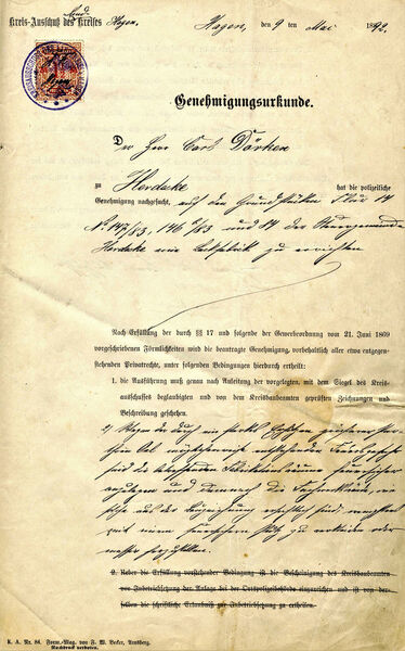 Genehmigungsurkunde vom 9.5.1892 – die Geburtsstunde der heutigen Ewald Dörken AG. (Dörken)