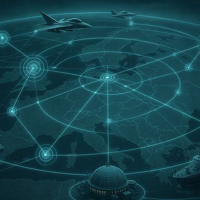 Illustration of a networked European multi-domain defence architecture linking air, land, sea, cyber and space assets through digital data streams and joint command-and-control structures. (Source: KI-generiert)