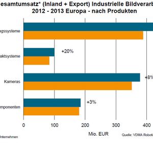 Vergleich Gesamtumsatz (Inland und Export) der industriellen Bildverarbeitung von 2012 zu 2013 (nach Produkten).