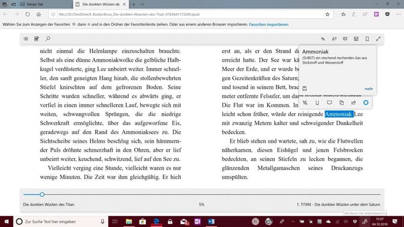 In der PDF- und der Leseansicht des Webbrowsers Edge werden nun auf Wunsch auch Wortbedeutungen angezeigt. (Vogel IT-Medien)