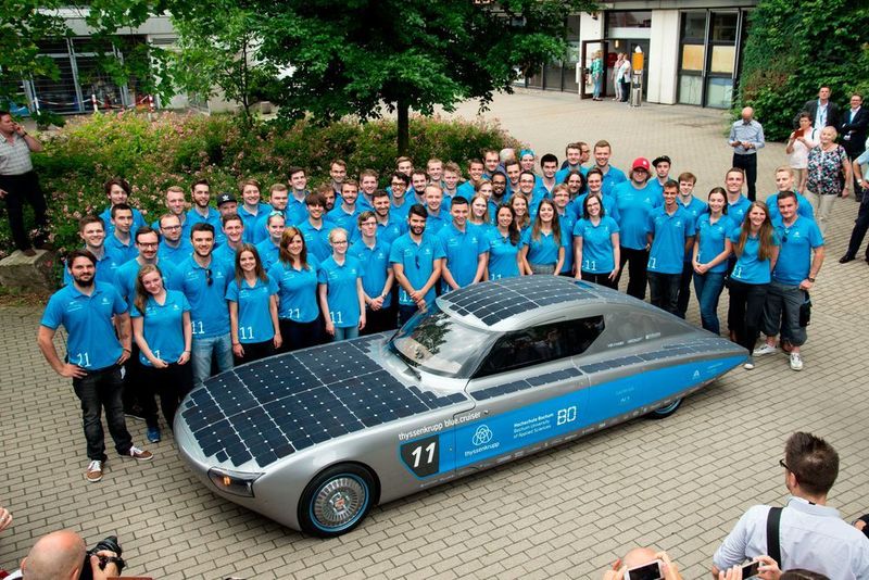 Die Solarcar-Team mit dem neuen Thyssenkrupp Blue.Cruiser.  (Matthias König, SolarCar-Projekt - Medien Team)