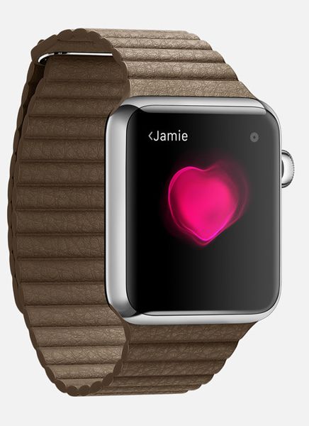 Gefühle mitteilen: Drückt man zwei Finger auf das Display, zeichnet der integrierte Herzfrequenzsensor den Herzschlag auf und sendet ihn auf Wunsch weiter. (Bild: Screenshot/www.apple.com/de)