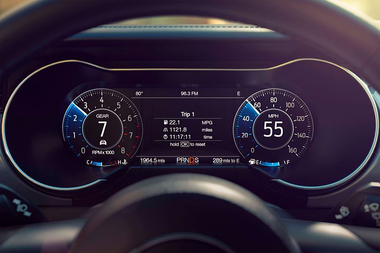 Das Kombiinstrument bietet drei Standardanzeigen für den Normal-, Sport- und Trackmodus. Neu sind auch eine Reihe von Assistenzsystemen wie etwa ein Kollisionsverhinderer mit Fußgängererkennung, Müdigkeitswarner und Spurhalteassistent. (Ford)