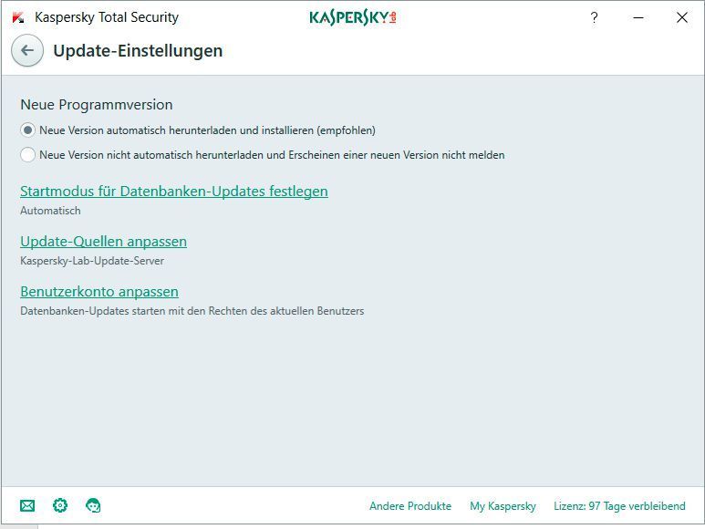 Die verbesserten Einstellungsmöglichkeiten für den“ Software Updater“ in der Security Suite „Kaspersky Total Security“. (Th. Dombach)