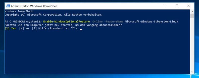 Schritt 6: Bestätigen Sie die folgende Neustart-Meldung mit (Y) für „Ja“. Windows startet daraufhin neu. Anschließend ist es für den Einsatz von Linux eingerichtet. (Rentrop / Microsoft)