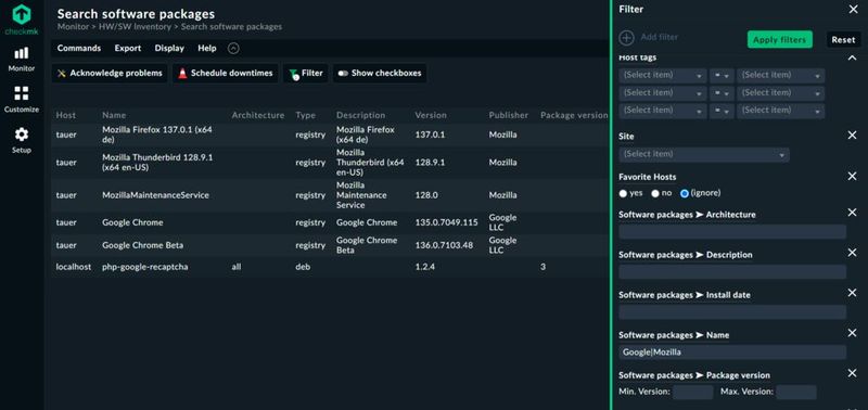 Abbildung 6: Die Suche nach Software-Paketen lässt sich im gefilterten Zustand direkt in Dashboards exportieren. (Bild: Lang | Checkmk)