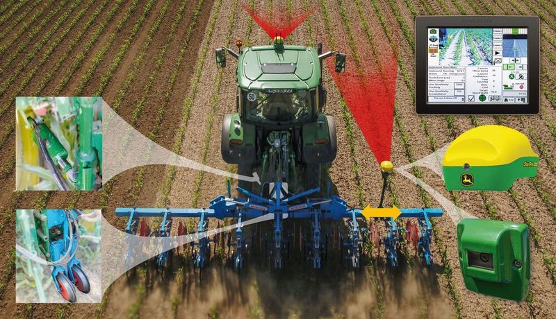 AutoTrac, die die aktive Geräteführung sorgt dafür, dass Traktor und Maschine genau in der gleichen Spur fahren, um Erntegutschäden bei nachfolgenden Überfahrten auszuschließen. Außerdem werden versehentliche Beschädigungen an Bewässerungsleitungen oder Kanälen vermieden.  (Bild: John Deere)