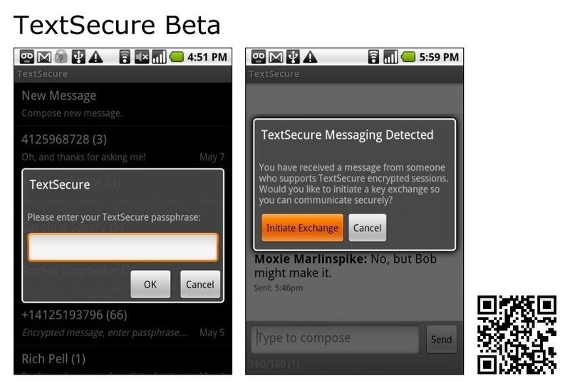Sichere, verschlüsselte SMS zwischen zwei Android-Telefonen versenden mit dem kostenlosen TextSecure.   Einen direkten Link zur App erhalten Sie wenn Sie den 2D-Barcode rechts unten im Bild mit einer Barcode-App in ihrem Android Smartphone einscannen. (Archiv: Vogel Business Media)
