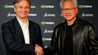 Pascal Daloz, CEO von Dassault Systèmes. und Jensen Huang, CEO von Nvidia, verkündeten auf der 3D-Experience World ihre Zusammenarbeit. (Bild: Dassault Systèmes)