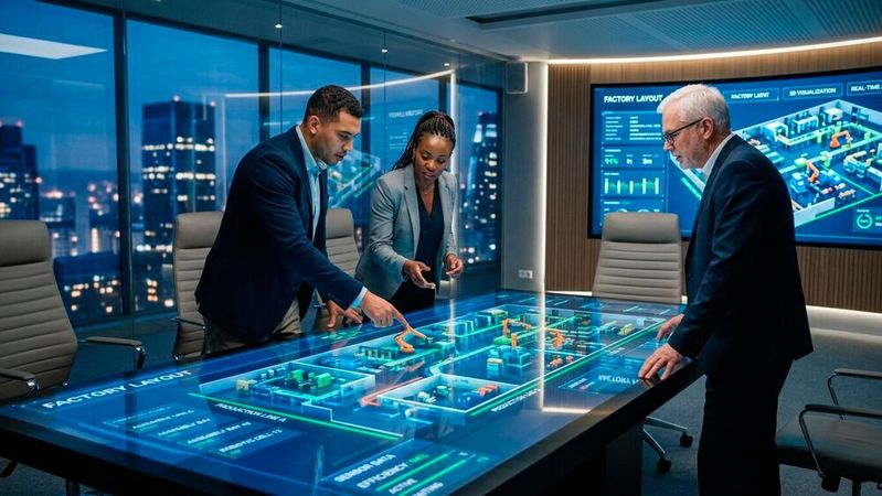 Digitale Zwillinge simulieren Änderungen an Maschinen, Prozessen und IT-Infrastrukturen. So können Anpassungen gefahrlos getestet werden, bevor sie in der Realität umgesetzt werden.(Bild:  Gemini / KI-generiert)
