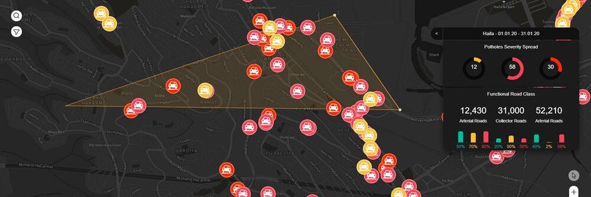 Haifa road map: This is a visualization of special road conditions and incidents mapped in Haifa by cars equipped with Tactile Mobility sensors. The conditions and 'events' range from potholes to hydroplaning. In other words, it’s an actual map of the tactile data.