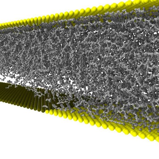 Eine Kavitationsblase entsteht im Schmiermittel zwischen Öl-anziehender (gelb) und Öl-abstoßender Fläche (schwarz). Als Puffer könnte sie Verschleiß reduzieren. Eine Kavitationsblase entsteht im Schmiermittel zwischen Öl-anziehender (gelb) und Öl-abstoßender Fläche (schwarz). Als Puffer könnte sie Verschleiß reduzieren.